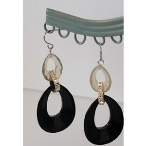 Vintage 1980s Black and White Dangle Earrings with Rhinestone Accents